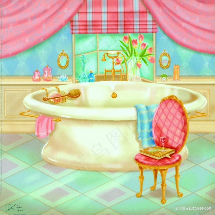 水彩浴室唯美画