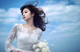 一个美女穿着一件漂亮的白色连衣裙在海边的拍照摄影图