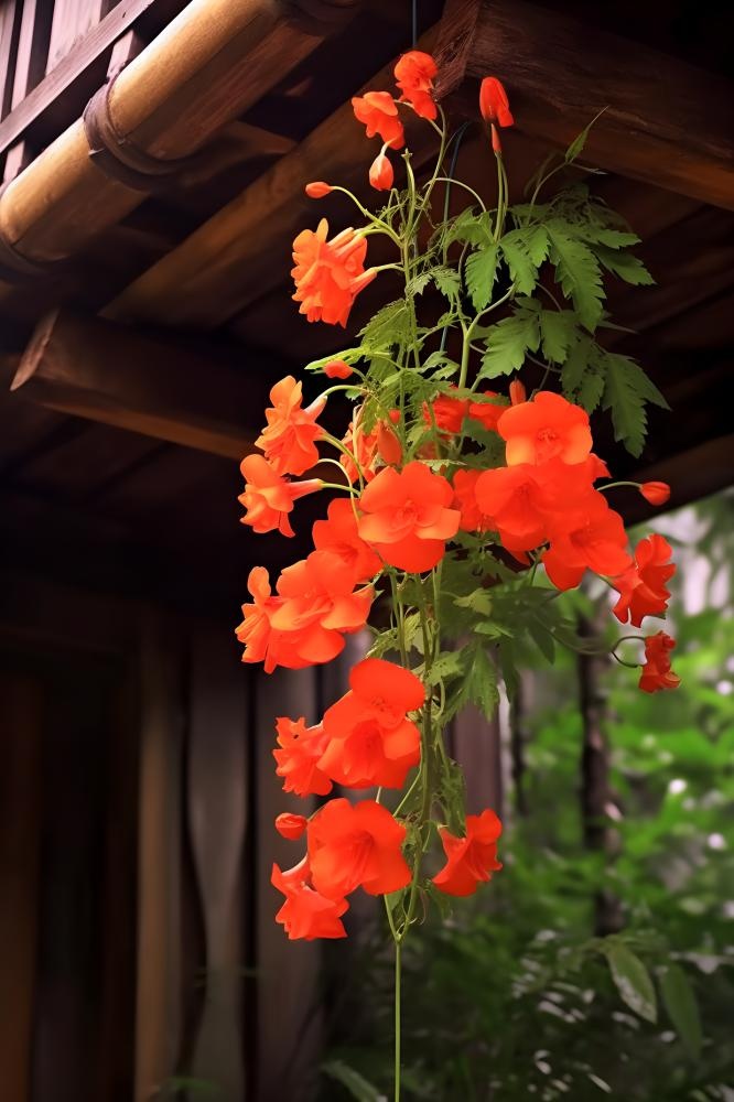 屋檐鲜花红色绿叶背景