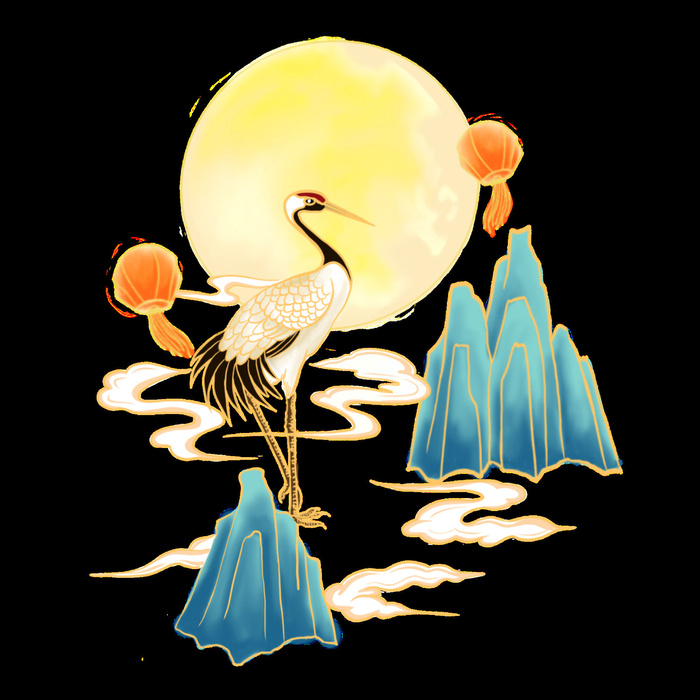 中国风国潮仙鹤山水插画手绘元素场景PSD设计素材