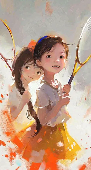 青春活力运动青年手绘插画油画，网球羽毛球球类