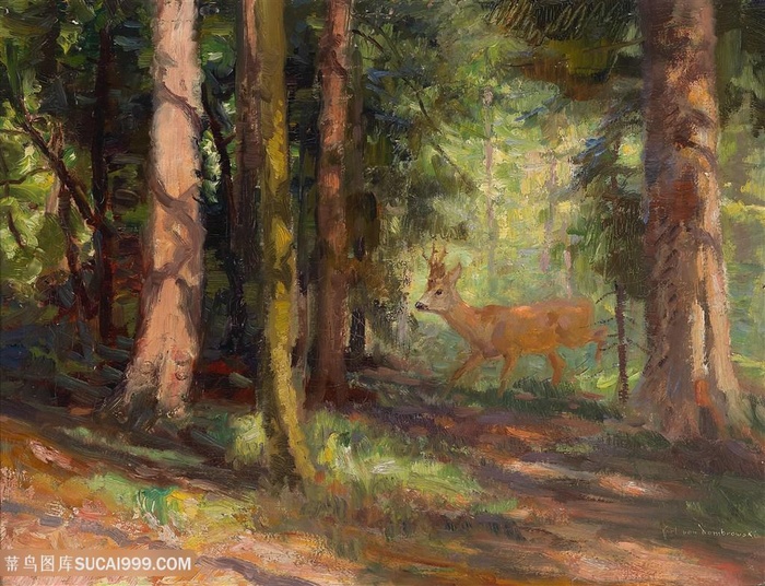 树林麋鹿高清油画风景画