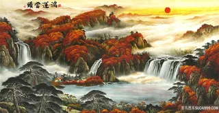 流水生财风景字画高清分辨率喷绘打印办公室挂画素材山水花草