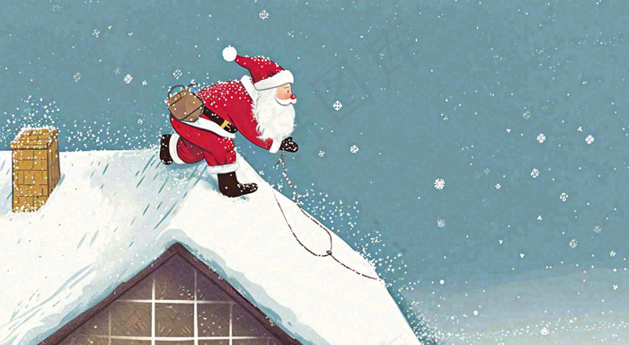 冬天圣诞老人屋顶带礼物，雪花雪屋，圣诞节卡通扁平插画(1488x816)