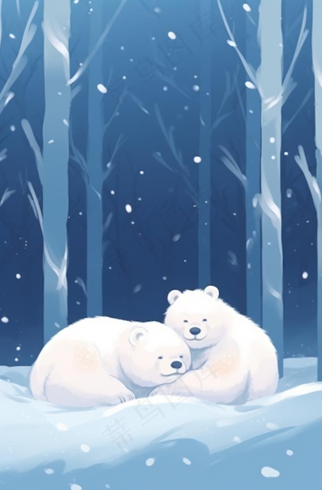 冬天白熊躺着雪地里森林卡通插画背景(896x1360)