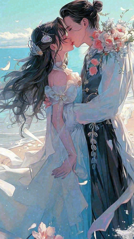 海边阳光沙滩情侣婚纱照爱情甜蜜情人节手绘插画(816x1456)