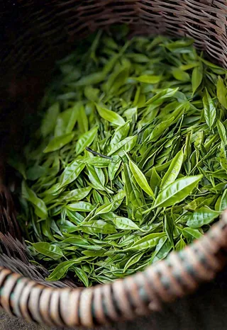 中国风，茶盆里的龙井绿茶茶叶摄影