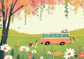 清新可爱春日郊游旅行房车粉绿蜡笔插画手绘草坪，惊蛰春分