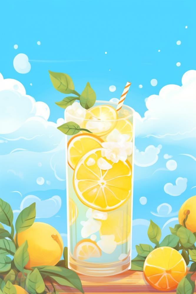 清新蓝天冰饮柠檬冰块插画背景