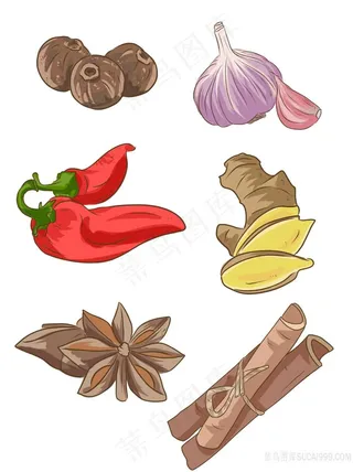 彩绘调料食材姜蒜辣椒豆蔻桂皮八角大料