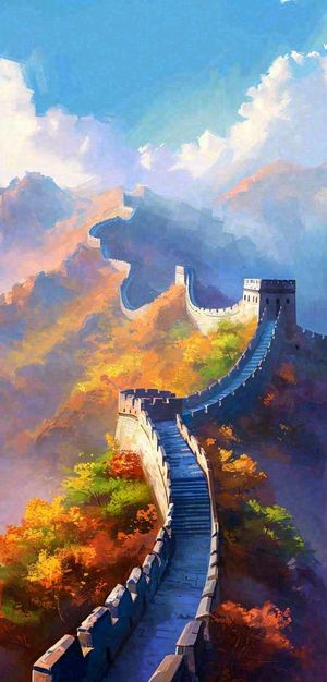 中国风长城雄伟建筑户外手绘插画