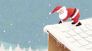 冬天圣诞老人屋顶带礼物，雪花雪屋，圣诞节卡通扁平插画