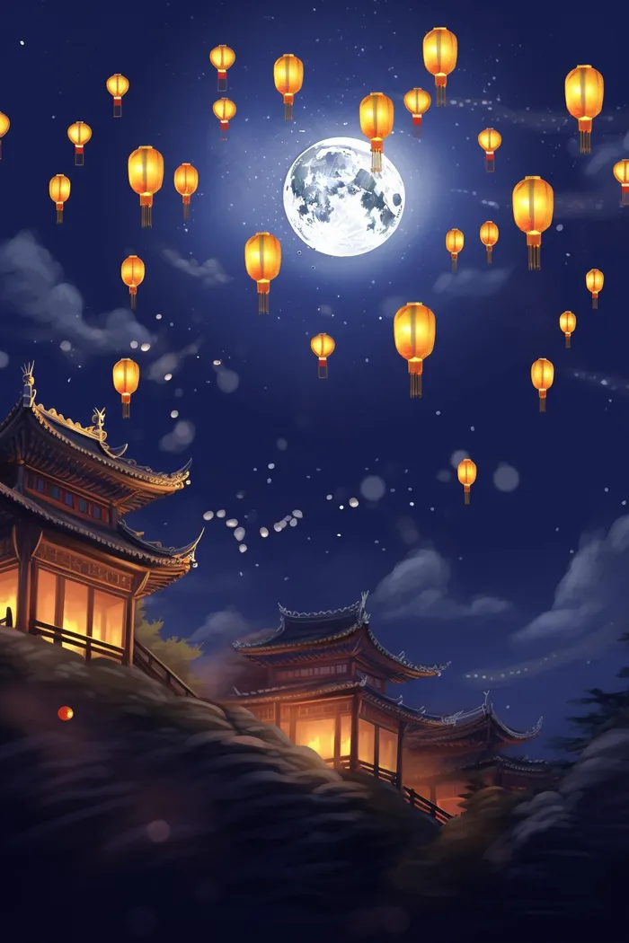 中秋夜晚满月古建筑阁楼灯笼插画蓝色背景(2688x4032)