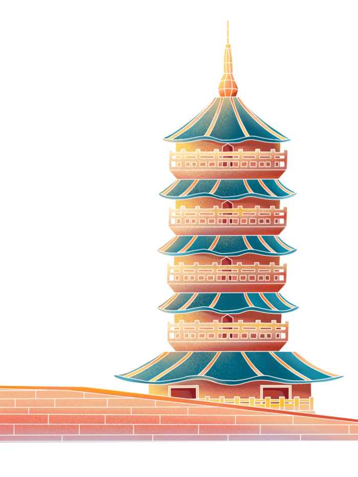 复古中国风国潮古建筑插画手绘高楼古塔PSD素材亭子png免抠图