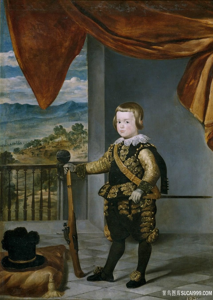 人物拿着枪的男孩油画