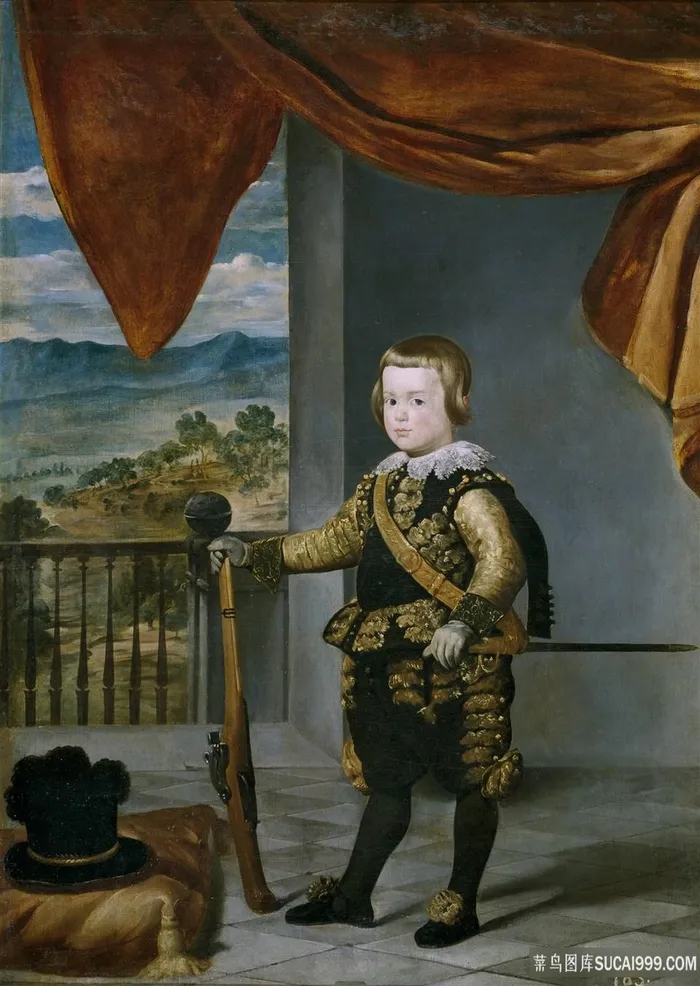 人物拿着枪的男孩油画