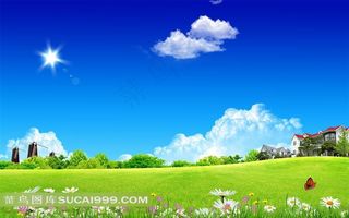 蓝天白云花草森林房子