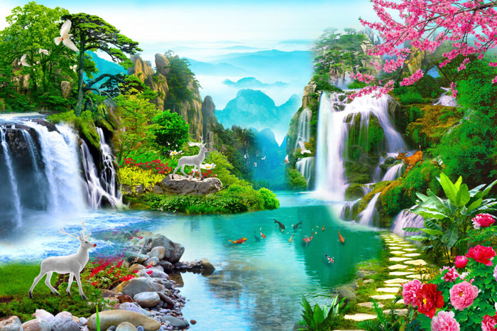 彩色流水生财花路白鹿风景psd模版下载