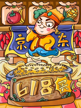 京东618年中狂欢促销插画海报