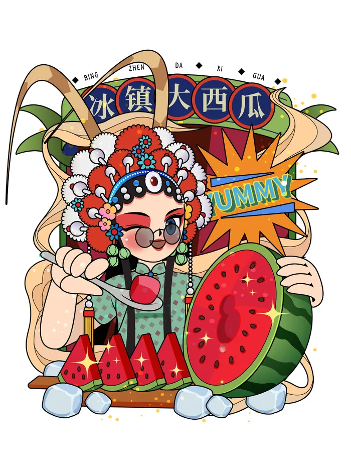 冰镇大西瓜 冰镇西瓜女孩 国潮美食 国潮冰镇西瓜 冰镇西瓜女孩ai矢量模版下载
