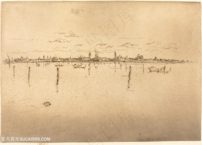 惠斯勒素描湖畔建筑装饰画