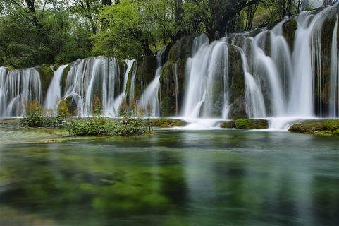 美丽的树林瀑布景色图