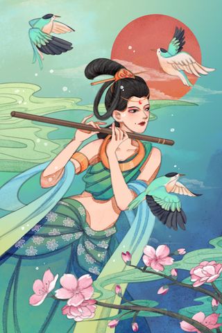 复古中国风国潮神话人物敦煌插画仙女手绘海报背景PSD设计素材
