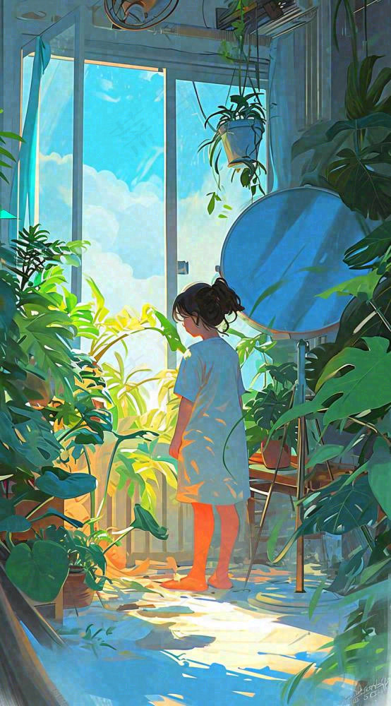 夏天炎热夏至室内小孩儿童吹风扇手绘插画