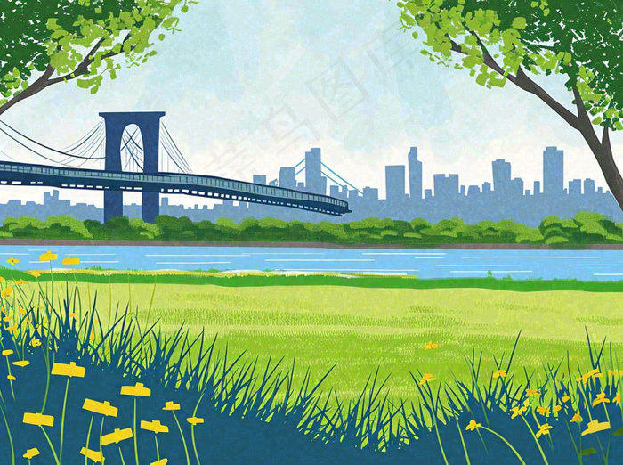城市河边草地交通风景，春天阳光蓝天白云手绘插画(1264x944)