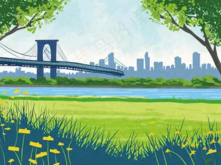 城市河边草地交通风景，春天阳光蓝天白云手绘插画