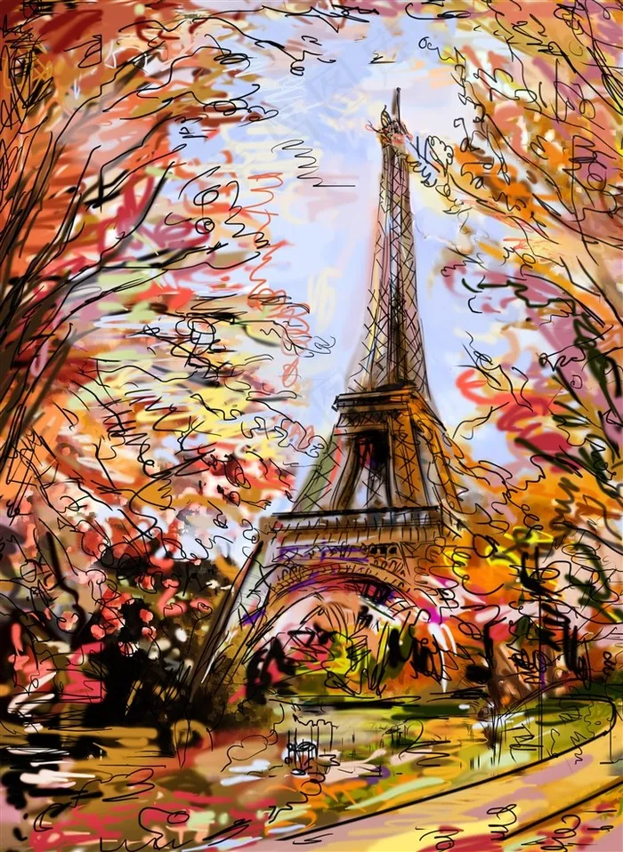 埃菲尔铁塔地标建筑手绘画高清图片