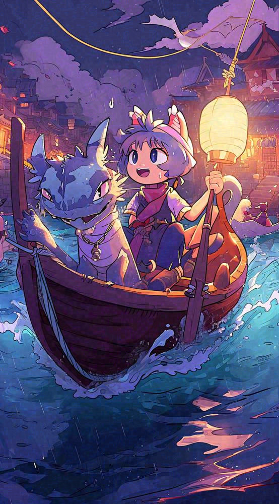 创意卡通古风河面人物游船，夜晚龙灯笼光照，海浪水面