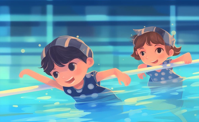 游泳池游泳儿童学生们玩乐蓝色卡通插画背景(3600x2208)