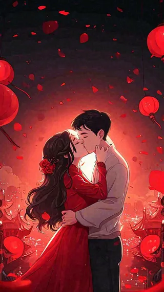 烟花中情侣在情人节的夜晚里拥抱亲吻，红色爱心气球爱情甜蜜