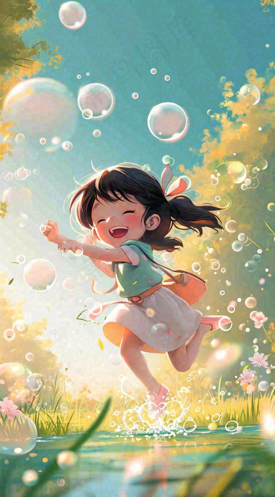 春天夏天女孩草地玩耍，阳光白云气泡可爱插画(816x1472)