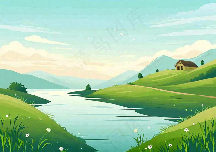 春日旅行草坪草丛花朵河流小溪野外郊游插画，春分(1296x912)