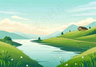 春日旅行草坪草丛花朵河流小溪野外郊游插画，春分