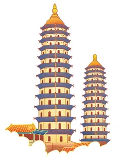 复古中国风国潮古建筑插画手绘高楼古塔PSD素材亭子png免抠图