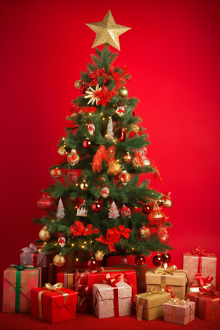 圣诞树礼物节日红色墙摄影图
