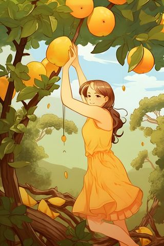 丰收可爱女孩水果金黄色插画背景