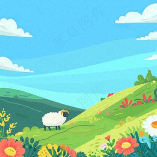 春天清新蓝天白云草地绵羊花朵扁平插画手绘