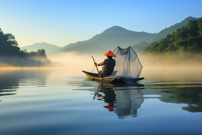 湖泊江河里的打渔船老伯摄影图