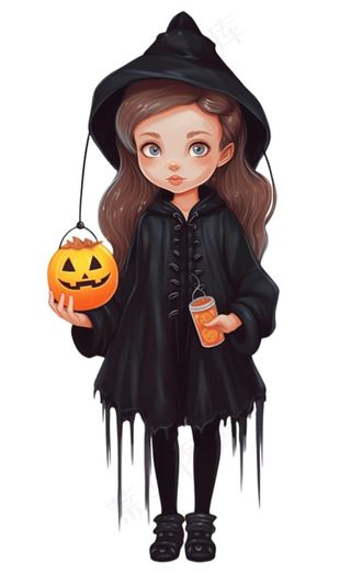 黑色女巫手拿南瓜灯万圣节卡通插画免抠