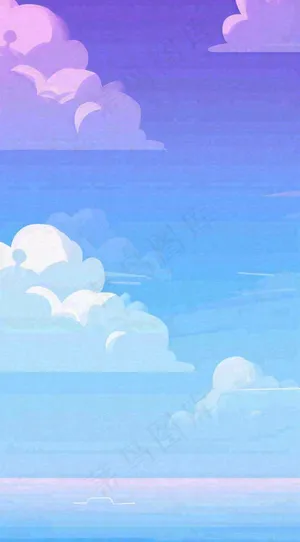 粉蓝渐变天空白云简约温馨，阳光海面海洋扁平插画