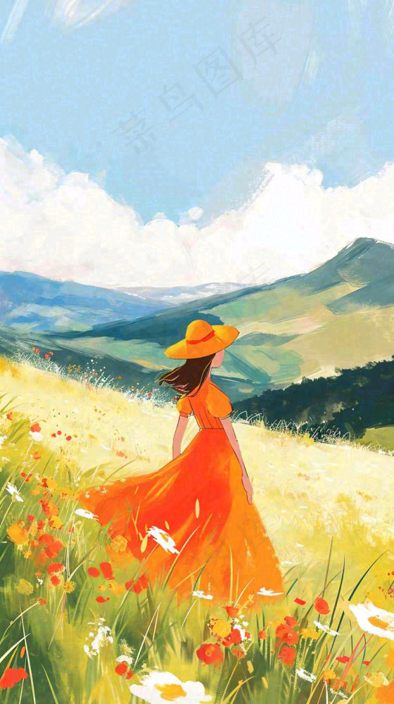 春天山脉草坪花海上穿裙子的女孩油画手绘插画，清新浪漫，踏青春游