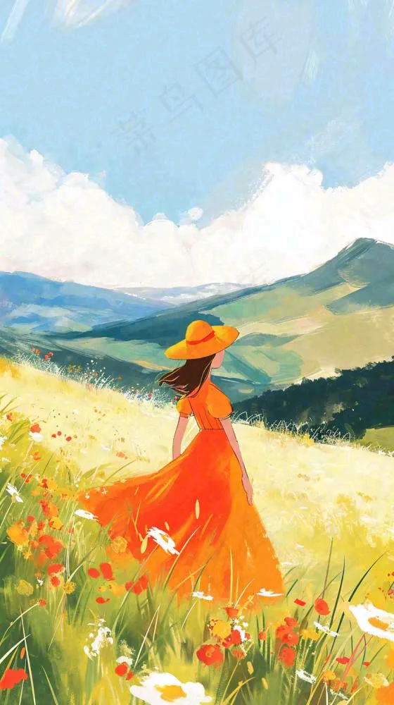 春天山脉草坪花海上穿裙子的女孩油画手绘插画，清新浪漫，踏青春游(816x1456)