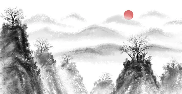 中国风艺术山峰绘画PSD素材