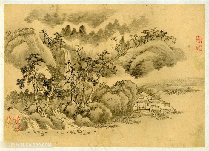 王翬山水册山下雅阁国画图片