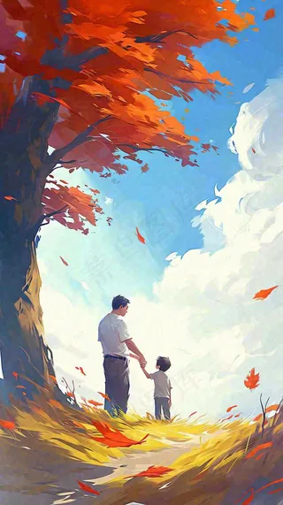 秋天红色秋叶树落叶温馨自然风景，立秋手绘插画