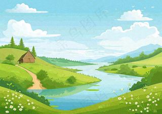 春日旅行草坪草丛花朵河流小溪野外郊游插画，春分